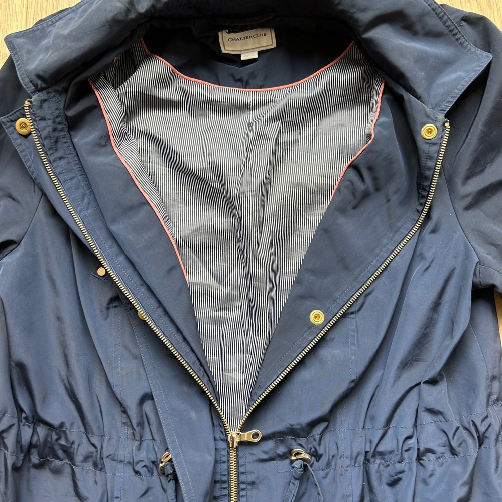 Charter Club Rain Jacket 0X Navy Blue Water Resistant Detachable Hood Classic - Picture 3 of 13